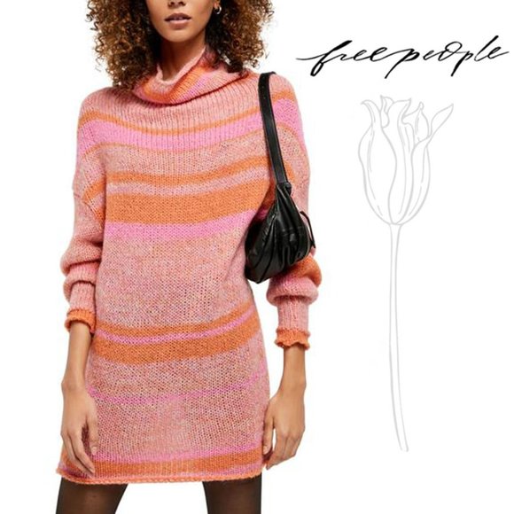 Free People Orange Candy Stripe Cowl Neck Sweater Tunic / Dress - Picture 2 of 16
